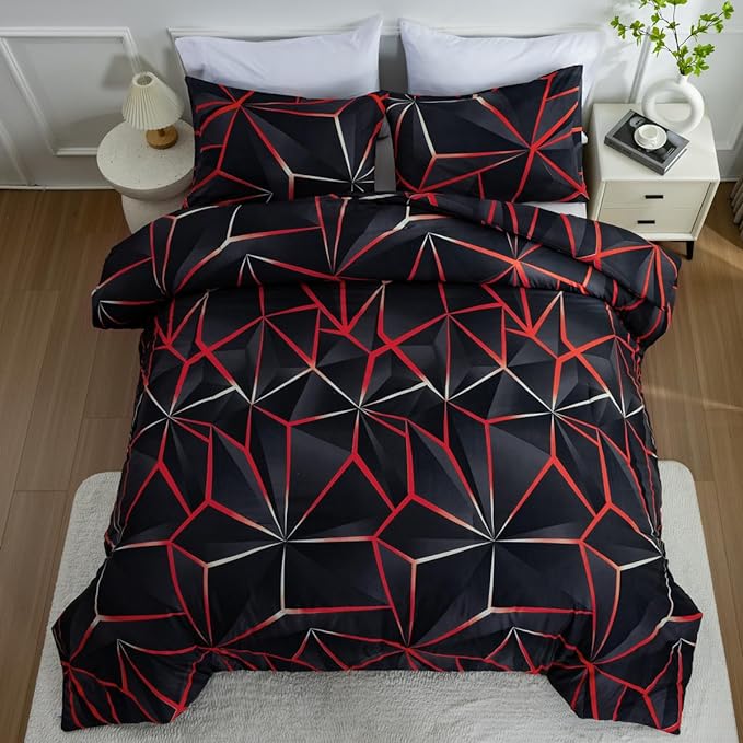 NTBED 3D Geometric Comforter Set for Boys Girls Kids, Irregular Diamond Pattern Lightweight Microfiber Bedding Sets All Season (Red, Twin)