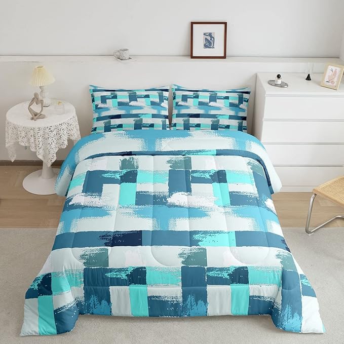 Turquoise Comforter Set Twin Size Teal Comforter Blue Grey Grunge Ombre Bedding Set For Kids Boys Girls Adults Bedroom Decor Abstract Buffalo Plaid Contemporary Quilt Duvet Insert with 1 Pillowcases