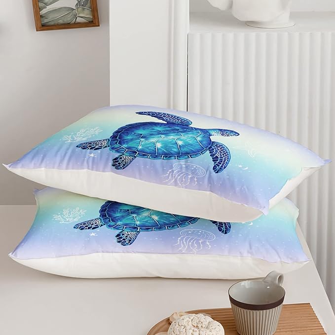 Turtle Comforter Full Size,Ocean Comforter Set for Kids Teens Girls Boys,3Pcs Bedding Set Printed Comforter with 2 Pillowcases,Down Alternative,Soft and Lightweight(Blue，Full Size)