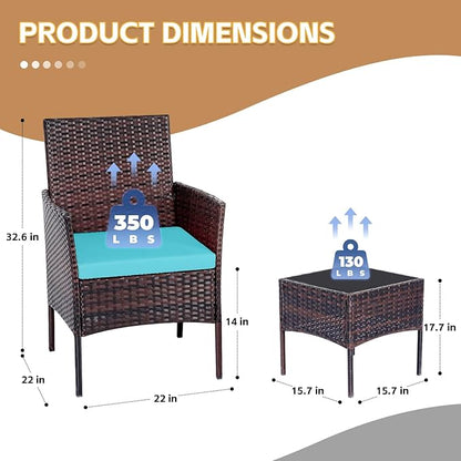 Patio Furniture Set 3 Pieces All-Weather Rattan Outdoor Furniture Patio Chairs with Tempered Glass Table for Porch Bistro Balcony Bistro Set(Brown/Blue)
