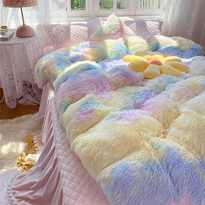 Faux Fur Kids Girls Sunshine Rainbow Comforter Sets Twin/Full - 3PC Bed Set Warm Comfortable Soft Plush Flannel Velvet Fluffy Fuzzy Bedding（Comforter x 1 Pillowcases x 2）