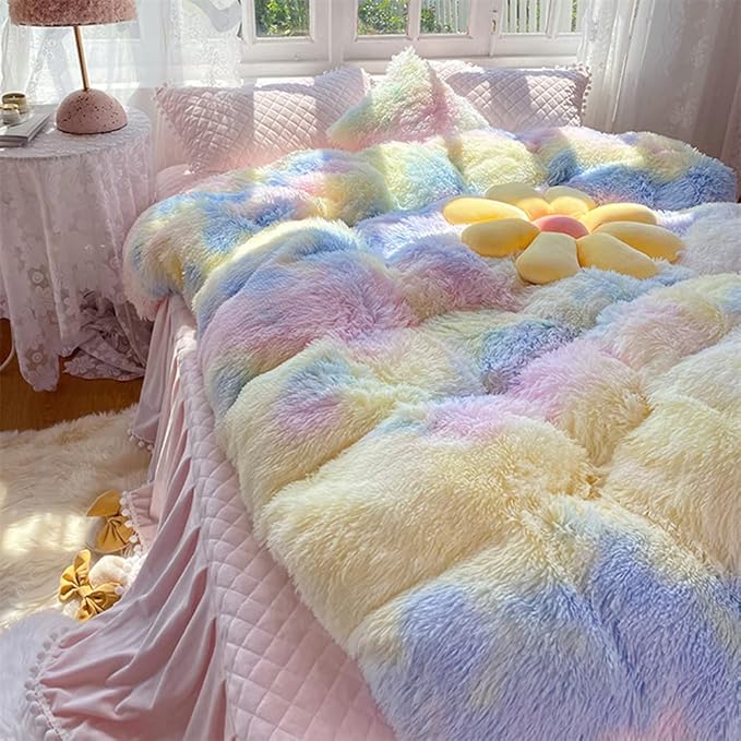 Faux Fur Kids Girls Sunshine Rainbow Comforter Sets Queen - 3PC Bed Set Warm Comfortable Soft Plush Flannel Velvet Fluffy Fuzzy Bedding（Comforter x 1 Pillowcases x 2）