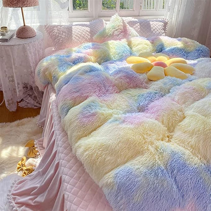 Faux Fur Kids Girls Sunshine Rainbow Comforter Sets Queen - 3PC Bed Set Warm Comfortable Soft Plush Flannel Velvet Fluffy Fuzzy Bedding（Comforter x 1 Pillowcases x 2）