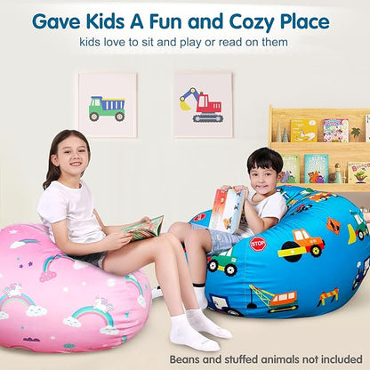Lukeight Stuffed Animal Storage Bean Bag Chair Cover for Kids, Zipper Beanbag Chair Cover for Organizing Toddler & Kids' Rooms Plush Toys (Construction Velvet, Large)