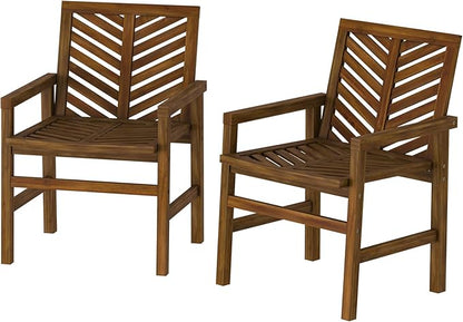 Walker Edison 2 Piece Outdoor Patio Chevron Wood Chair Set All Weather Backyard Conversation Garden Poolside Balcony, Set of 2, Dark Brown