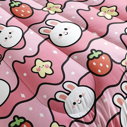 Kawaii Rabbit Comforter,Strawberry Rabbit Comforter Set for Kids Teens Girls,3Pcs Bedding Set Printed Comforter with 2 Pillowcases,Down Alternative,Soft and Lightweight(Pink，Queen Size)
