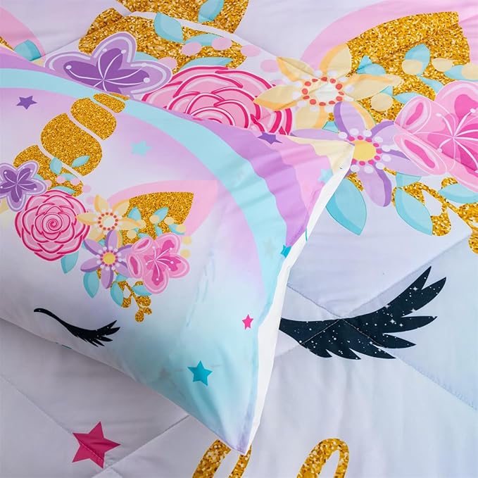 NTBED Unicorn Full Comforter Set with Sheets,5 Pieces Kids Bedding Sets for Girls, Lightweight Microfiber Star Rainbow Bed in a Bag,Blue Purple