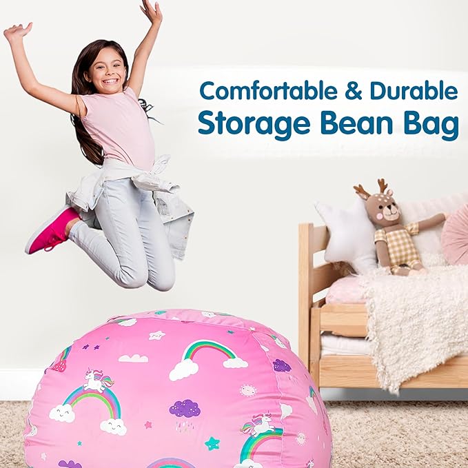 Lukeight Unicorns Stuffed Animal Storage Bean Bag Chair Cover for Kids, Unicorns Zipper Beanbag Chair Cover for Organizing Toddler & Kids' Rooms Plush Toys (Rainbow Pink, XX-Large)