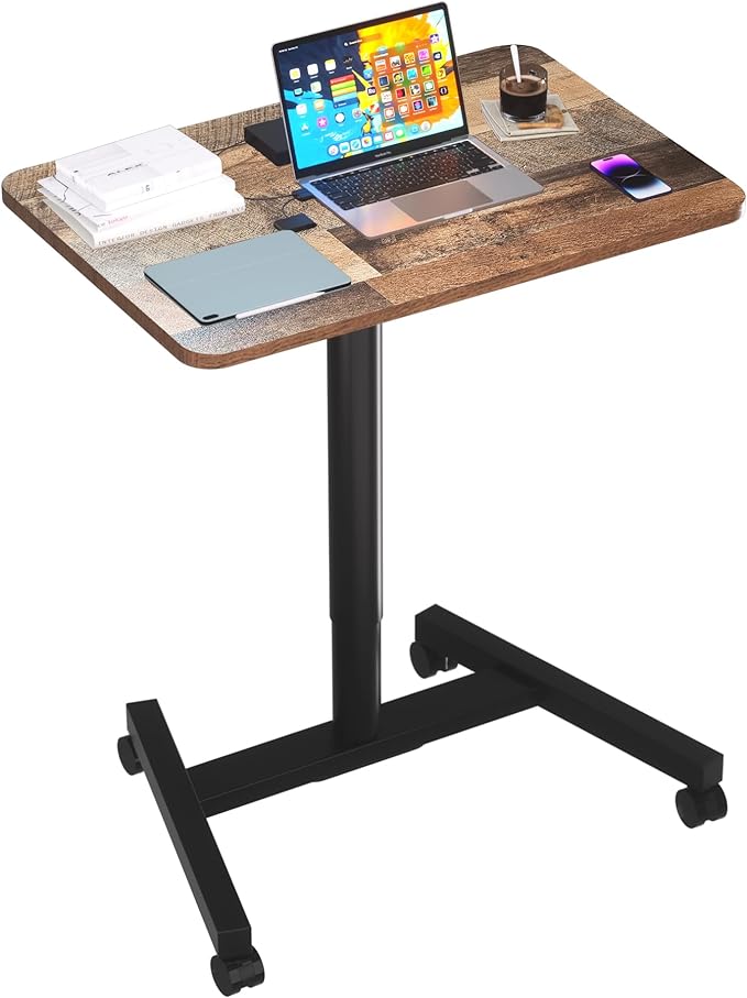 Rolling Desk with Adjustable Height, Sit-to-Stand Desk with Lockable Wheels, 28-Inch Rolling Standing Mobile Desk Cart for Home Office Classroom (Rustic Brown)