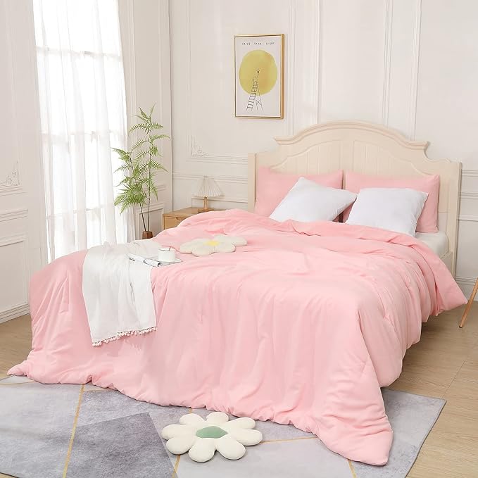 Pink Comforter King Size, Aesthetic Modern Bedding Set for Girls/Women, Cute Soft & Lightweight Chic Microfiber Bed Sets, 3 pcs-1 Comforter & 2 Pillowcases (104x90 Inches)