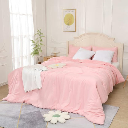 Pink Comforter King Size, Aesthetic Modern Bedding Set for Girls/Women, Cute Soft & Lightweight Chic Microfiber Bed Sets, 3 pcs-1 Comforter & 2 Pillowcases (104x90 Inches)