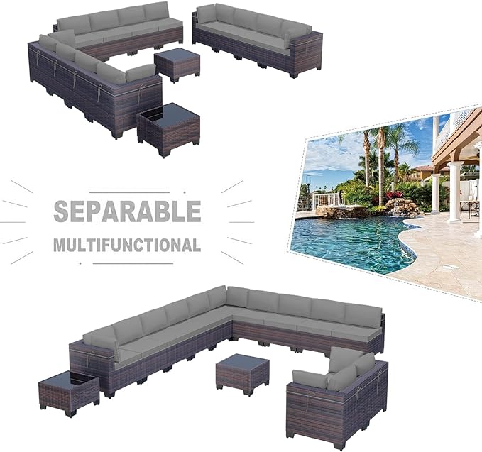 Kullavik 14PCS Outdoor Patio Furniture Set PE Wicker Rattan Sectional Sofa Patio Conversation Sets,Grey