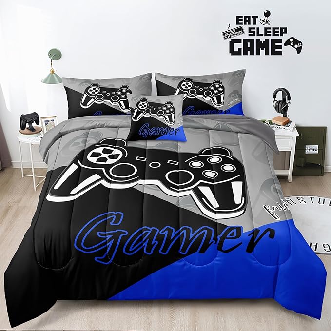 5 Pieces Gaming Bedding Set Twin Size for Boys Gamer Comforter Set for Boys Girls Kids Teens 5 Piece Bed in A Bag Video Game Bedding for Gamer Room Decorative Twin50