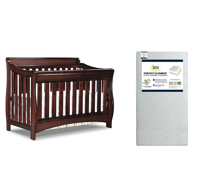Delta Children Bentley S Series 4-in-1 Crib, Black Cherry Espresso + Serta Perfect Slumber Dual Sided Recycled Fiber Core Crib and Toddler Mattress (Bundle)
