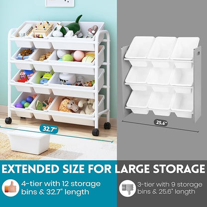 Kids Toy Storage Organizer with 12 Plastic Bins, 4-Tier Metal Toy Storage Rack, Metal Toy Organizer with Storage Bins for Kids Room, Playroom and Nursery, White