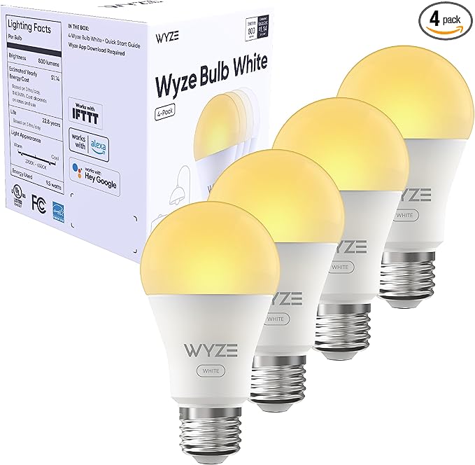 WYZE Bulb White, 800 Lumen, 90+CRI WiFi Tunable-White A19 Smart Light Bulb, Compatible with Alexa and Google Assistant, Four-Pack
