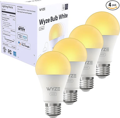 WYZE Bulb White, 800 Lumen, 90+CRI WiFi Tunable-White A19 Smart Light Bulb, Compatible with Alexa and Google Assistant, Four-Pack
