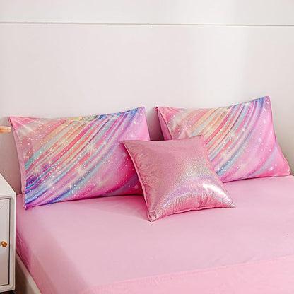 Btargot Super Soft 6 Pieces Gradient Star Ring Comforter Set, Colorful Glitter Rainbow Star Pattern Bedding Set for Boys Girls Teens, Full Pink