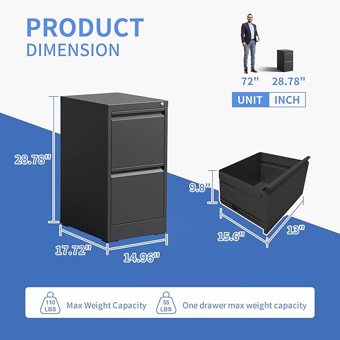 Vertical File Cabinet with Drawers, 2 Drawer File Cabinet for Home Office, Locking File Cabinet Hanging Files for A4/ Legal/Letter, Black