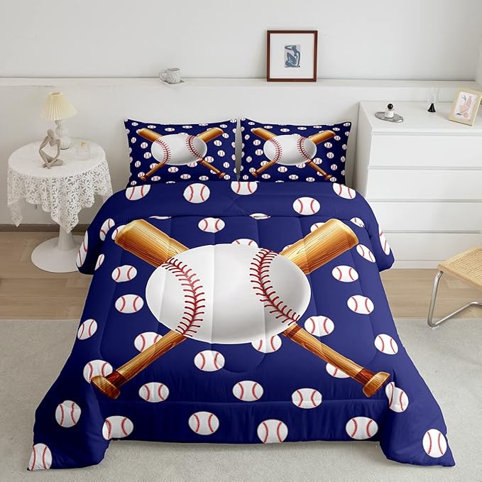 Feelyou Baseball Comforter Set Sports Bedding Set Ball Comforter for Kids Boys Girls Baseball Games Blue Duvet Set Room Decor Quilt Baseball Bat Print Twin Size Boys