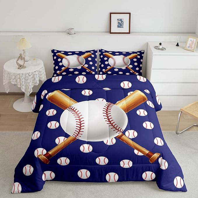Baseball Comforter Set Sports Theme Bedding Set 3D Ball Pattern Comforter for Children Kids Boys Girls Microfiber Baseball Games Blue Duvet Set Room Decor Quilt Set Baseball Bat Print King Size