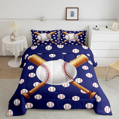 Baseball Comforter Set Sports Theme Bedding Set 3D Ball Pattern Comforter for Children Kids Boys Girls Microfiber Baseball Games Blue Duvet Set Room Decor Quilt Set Baseball Bat Print King Size