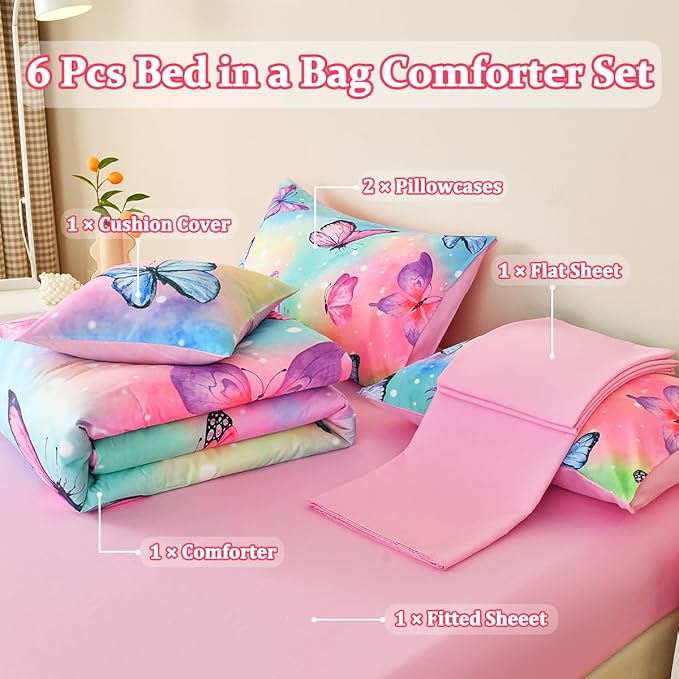 Butterfly Bedding Set Twin, Pink Butterfly Comforter Set for Girls Kids Teens 6 pcs Bed in a Bag Twin Bedding Sets for Girls