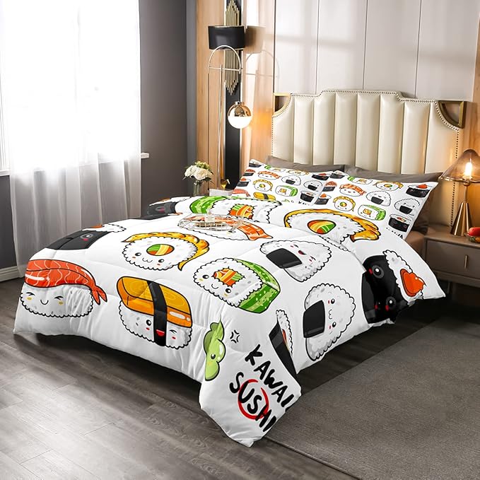 Erosebridal Sushi Pattern Comforter Set Queen, Japanese Style Down Comforter, Food Theme Quilted Duvet for Kids Boys Girls Teens, Cute Cartoon Japanese Sushi Quilt Set Room Decorative