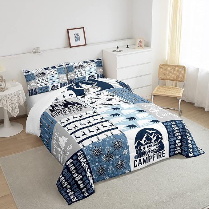 Camper Gifts Comforter Set Twin, Happing Camping Gifts For Men Women, Blue Camper Bedding Set For Camping Lovers Campsite, Camping Down Comforter For RV Travel Hiking, Camper Decor, Buffalo Plaid