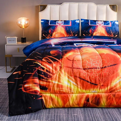 Btargot Basketball Fire Court Comforter Sets Full for Boys Teens,3D Sports Bedding,Soft Microfiber Reversible Quilt with 2 Matching Pillow Shams