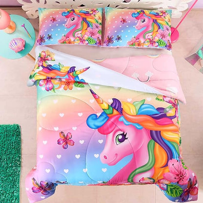 Cute Unicorn Comforter Sets 3pc Pink Flower Girl Colorful Unicorn Bedding Sets Soft Girls Unicorn Rainbow Comforter Sets