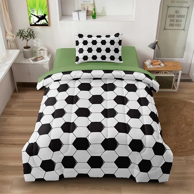 Soccer Comforter Set Twin for Boys Girls, 4 Pieces Soccer Bedding Twin Bed in a Bag Set with Sheets, Black and White Bed Sets for Teenage