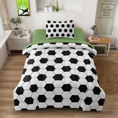 Soccer Comforter Set Twin for Boys Girls, 4 Pieces Soccer Bedding Twin Bed in a Bag Set with Sheets, Black and White Bed Sets for Teenage