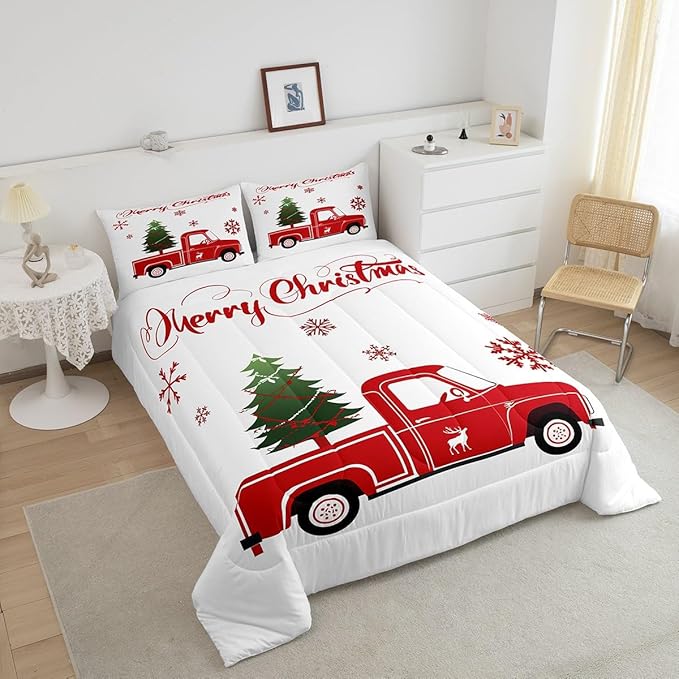 Christmas Tree Comforter Set Queen Size Red Truck Bedding Set Boys Girls Red Xmas Gift Snowflakes Comforter for Teens Bedroom Decor Elk Deer Christmas Decorations Bedding Duvet Set