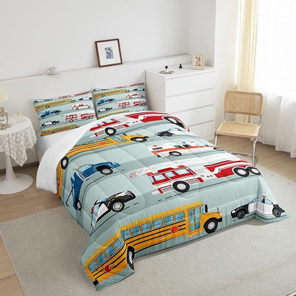 Erosebridal Fire Truck Comforter Set,Police Car Down Comforter Queen Size,School Bus Bedding Set for Kids Boys Teens Youth,Equipped Truck Cartoon Vehicle Quilt Duvet Insert Bedroom Dorm Decor 3 Pcs