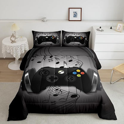 Gamer Comforter Set King Size,Black Grey Headphones Musical Design Games Gamepad Bedding Set for Kids Boys Video Game Room Decor Retro Playing Gamer Down Comforter Gaming Controller Quilted Duvet Set
