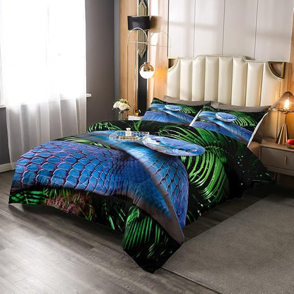 Erosebridal Snake Comforter Set Queen, Blue Snake Duvet Set, 3D Reptile Bedding Comforters, Blue Scales Quilt Set, Palm Leaf Wild Animal Stylish Quilted Duvet for Kids Boys Teens Man Bedroom Decor