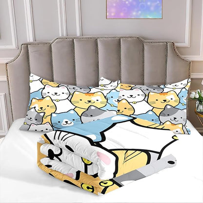 Kids Cat Comforter Set - Cat Comforter - Queen Size Comforter Set for Kids Kawaii Cat Bedding Set Cartoon Cats Print Bedding Sets for Girls Kids Cute Cat Quilt Sets with 2 Pillowcases