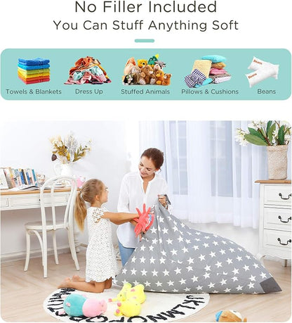 Aubliss Stuffed Animal Storage Bean Bag Chairs Cover, 50"x 35" Extra Large Bean Bags Chair for Kids & Adults, Beanbag Toy Storage for Boys Girls - Premium Cotton Canvas Grey Star