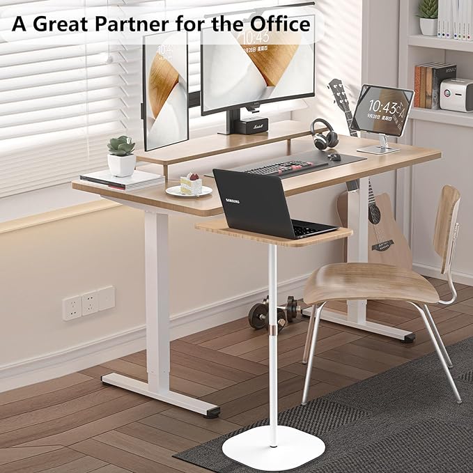 Portable Laptop Floor Stand, Bedside/Sofa Table with Height Adjustable 18''~47'', Stylish Movable Workstation Floor Standing Desk for Office, Meeting Room, living room Easy Assembly, White