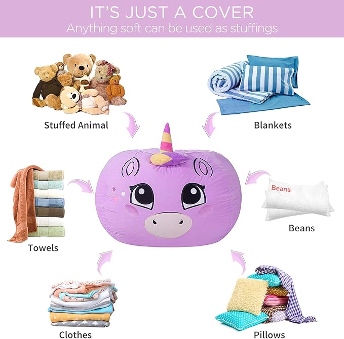 Aubliss Stuffed Animal Storage, Velvet Bean Bag Chairs Cover, Large 32" Ultra Soft Kids Toy Storage Organizer for Blankets Towels Clothes Home Supplies, Purple Big Eyes