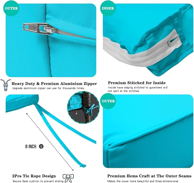 ClawsCover 3Pack Outdoor Seat Cushions Replacement Covers Fit for 4 Pieces Wicker Rattan Furniture Patio Conversation Set Loveseat Chair,38x19x2,19x19x2,Turquoise-Large (Include Cover Only)