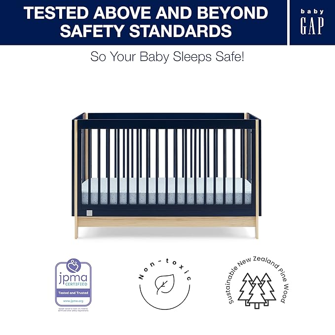 Delta Children babyGap Tate 4-in-1 Convertible Crib + Brannan Bear Bookcase with Bins + Brannan Bear Wall Shelf with 4 Hooks, Navy/Natural (Bundle)