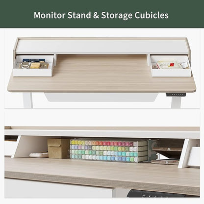 FEZIBO Standing Desk with Drawers, 48 x 25 Inch Adjustable Height Stand Up Desk with Storage Shelf, Home Office Desk with Monitor Stand, Light Walnut