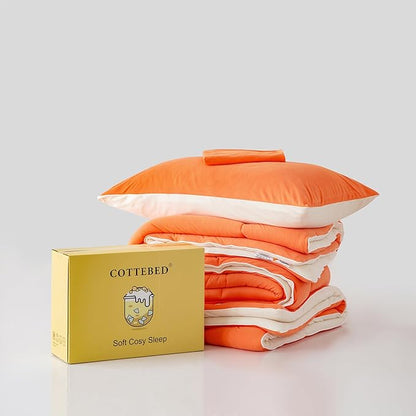 COTTEBED Reversible Ultra-Soft Bright Orange Beige Twin Comforter Set for Girl Boy Kid Dorm, Jersey Knit T-Shirt Feel Cute Lightweight Cozy Comfy Bedding Blanket Down Conforter All Season Twin/Twin XL