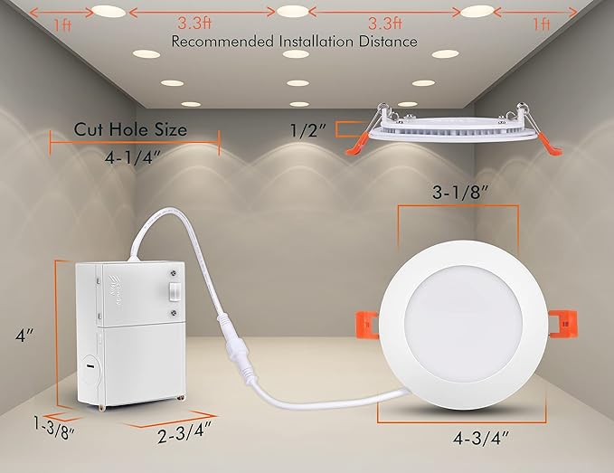 CLOUDY BAY 6 Pack 4 Inch 5CCT Ultra-Thin LED Recessed Ceiling Light with Junction Box,2700K/3000K/3500K/4000K/5000K Selectable,10W Dimmable Canless Wafer Downlight,White,650LM High Brightness