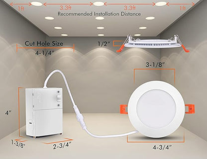 CLOUDY BAY 6 Pack 4 Inch 5CCT Ultra-Thin LED Recessed Ceiling Light with Junction Box,2700K/3000K/3500K/4000K/5000K Selectable,10W Dimmable Canless Wafer Downlight,White,650LM High Brightness