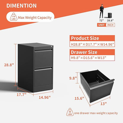 2 Drawer File Cabinet,Black Metal Filing Cabinets for Home Office,Vertical File Cabinet with Lock for A4/Letter/Legal Size Files,Assembly Required