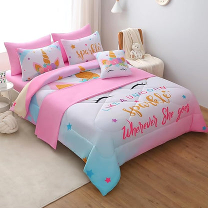 JQinHome Unicorn Queen Bedding Sets for Girls Kids,8 Piece Bed in A Bag 3D Colorful Flower Girl Unicorn Comforter Set with Sheet Set(Sparkle)