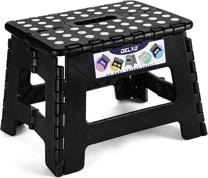 Delxo 9 Inch Folding Step Stool in Black,1 Pack Premium Heavy Duty Foldable Stool for Kids,Portable Collapsible Plastic Step Stool,Non Slip Folding Stools for Kitchen Bathroom Bedroom